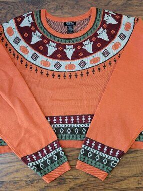 THORN & FABLE Hot Topic Halloween Ghost Cat Pumpkin Crop Knit Sweater sz 5 EUC